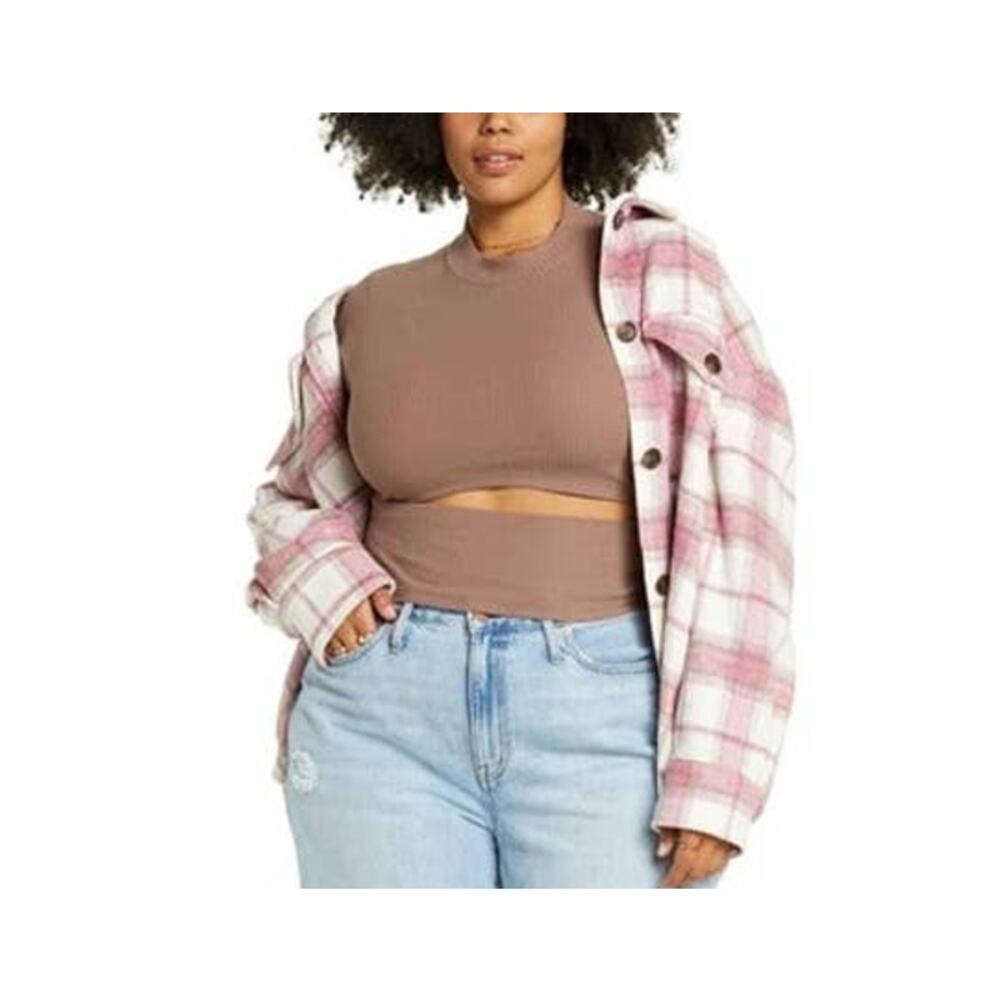 BP Nordstrom Womens Top 2X Taupe Tan Long Sleeve Mock Neck Rib Cutout